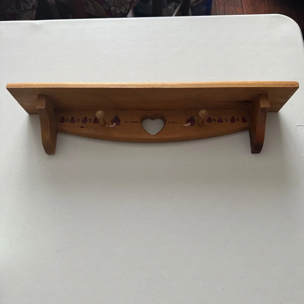 Cottagecore Farmhouse Vintage Wooden Wall Shelf Heart Cutout Apple Motif Pegs